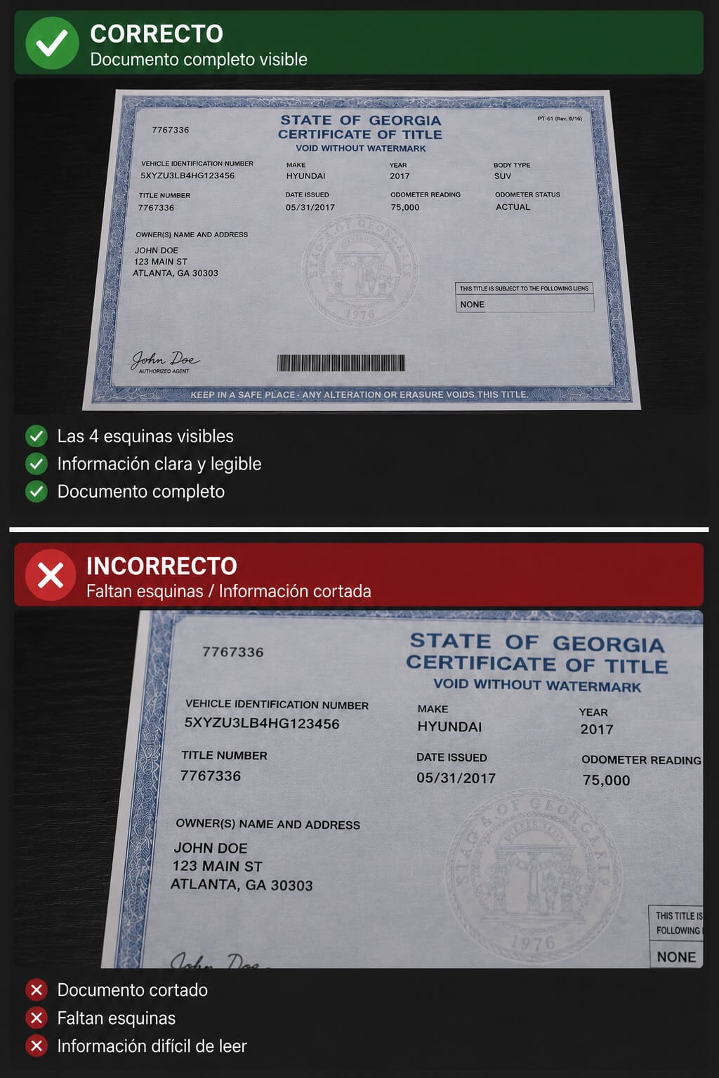 Ejemplo correcto: documento completo con espacio alrededor de los cuatro bordes.